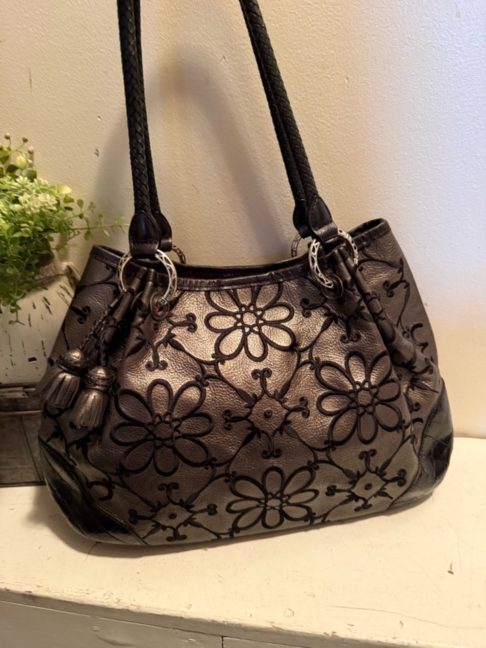 Brighton Valencia Pewer With Black  Embroidered Handbag EUC - Picture 2 of 13
